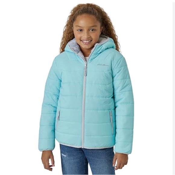 Eddie Bauer Kids Reversible Hooded Puffer Jacket Faux Fur Lined Medium 10/12 - Picture 1 of 10